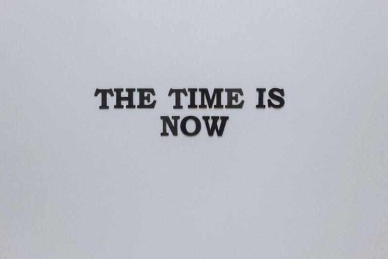 Minimalist poster with the motivational quote 'The Time is Now' on a gray background.